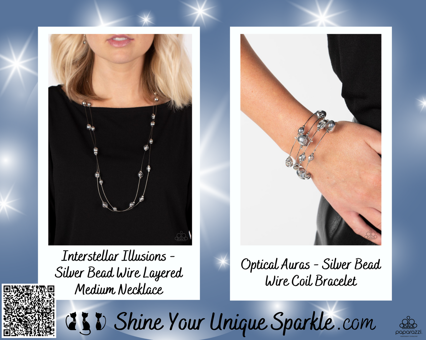 PERFECT MATCH / SET: Interstellar Illusions - Silver Bead Wire Layered Necklace AND Optical Auras - Silver Bead Wire Coil Bracelet