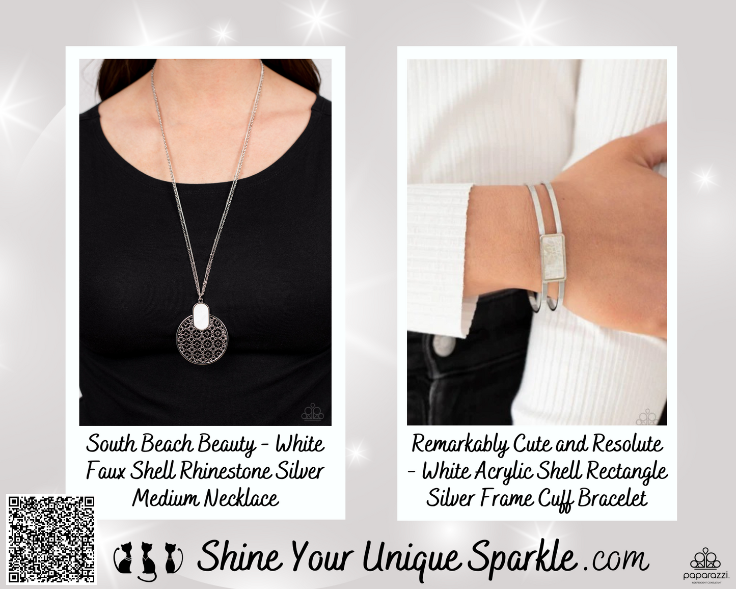 Remarkably Cute and Resolute - White Acrylic Shell Rectangle Silver Frame Cuff Bracelet