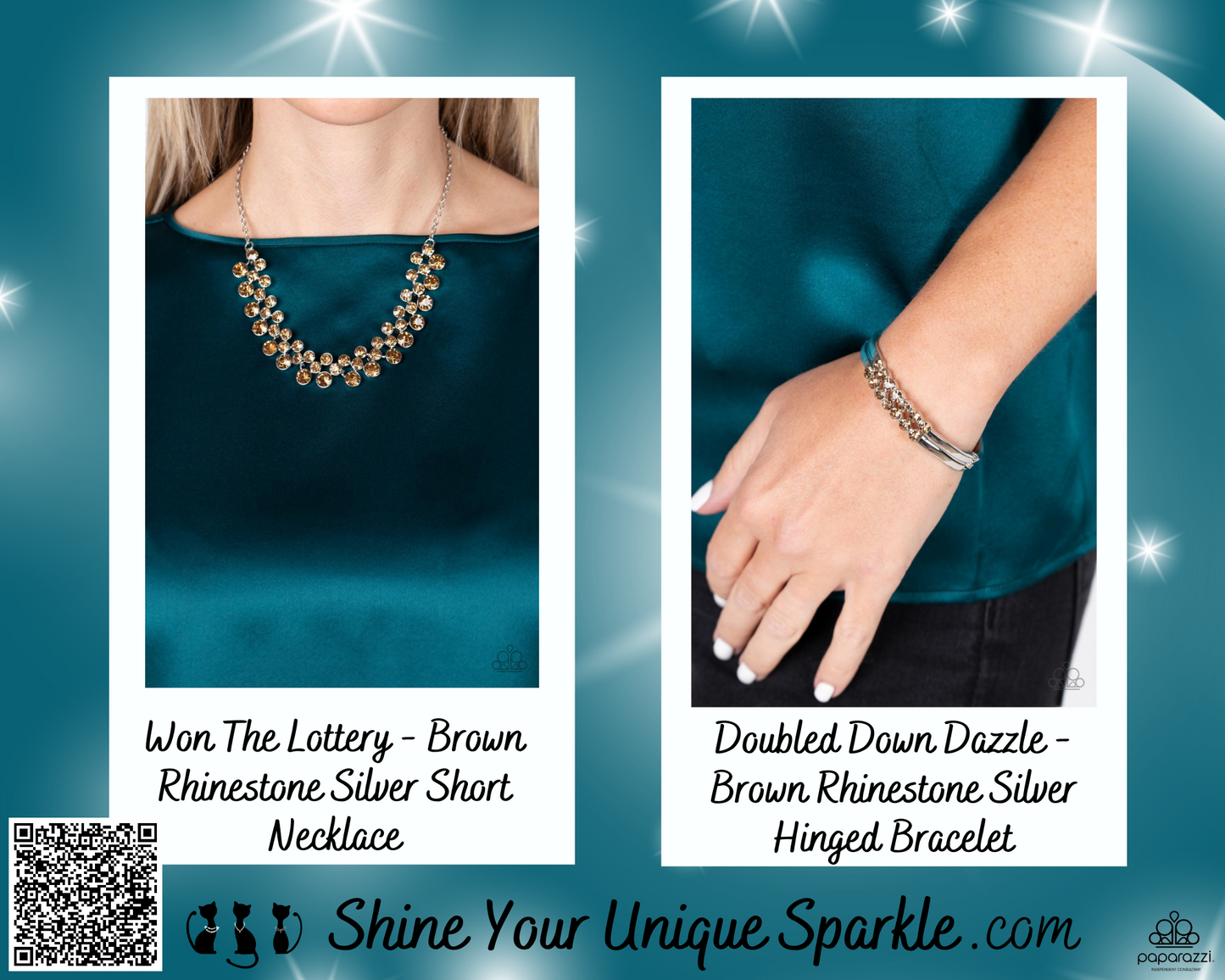 PERFECT MATCH / SET: Won The Lottery - Brown Rhinestone Silver Short Necklace AND Doubled Down Dazzle - Brown Rhinestone Silver Hinged Bracelet