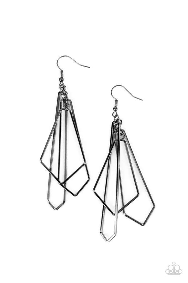 Shape Shifting Shimmer - Black Gunmetal Geometric Dangle Fishhook Earrings