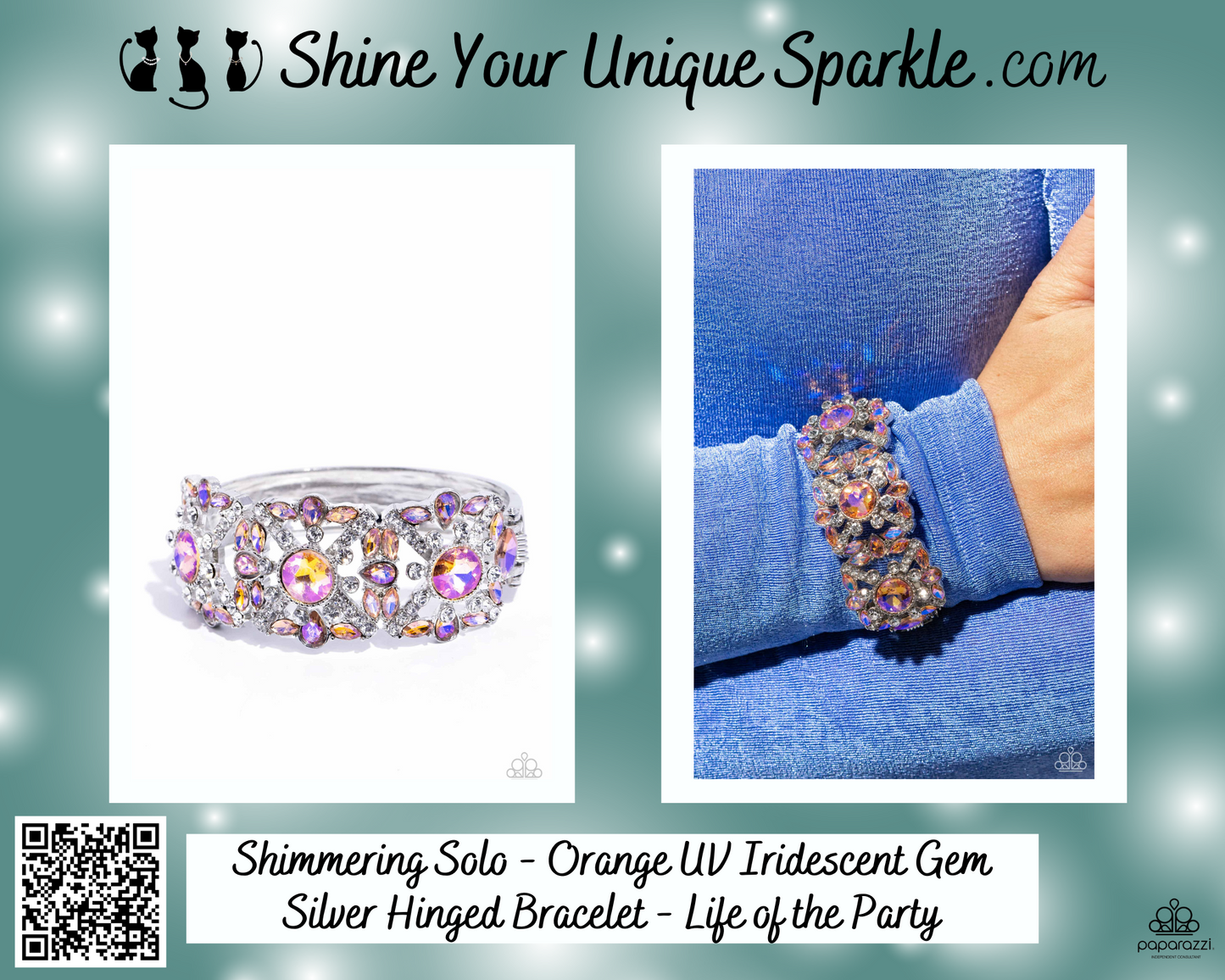 Shimmering Solo - Orange UV Iridescent Gem Silver Hinged Bracelet - Life of the Party