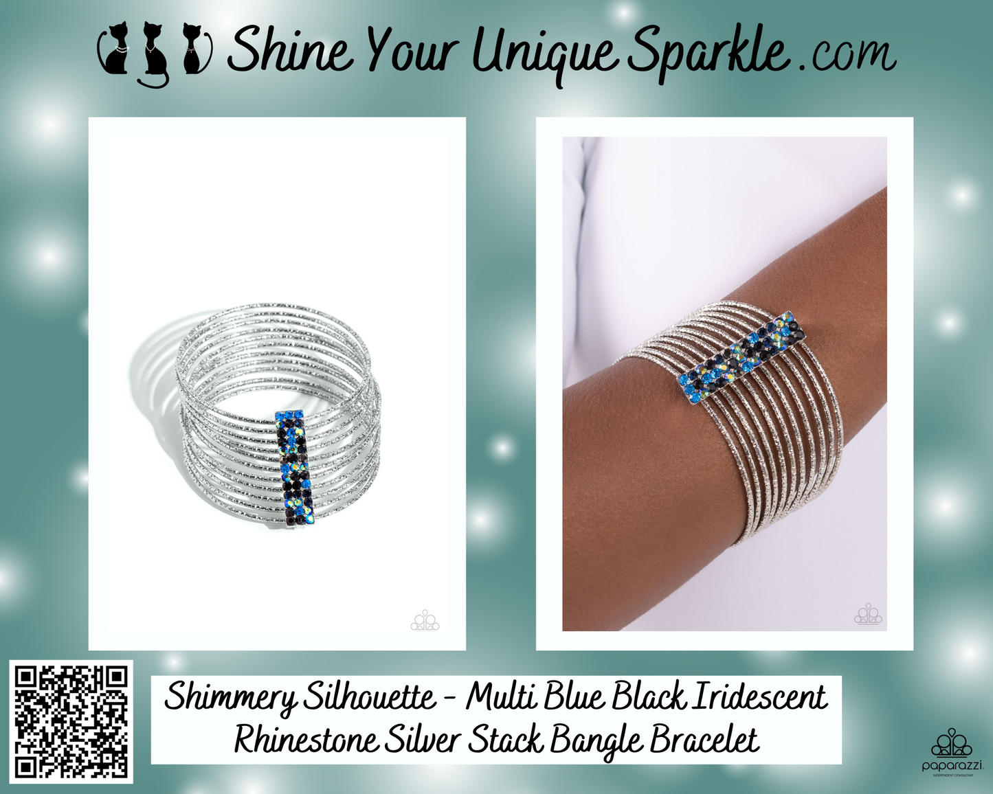 Shimmery Silhouette - Multi Blue Black Iridescent Rhinestone Silver Stack Bangle Bracelet