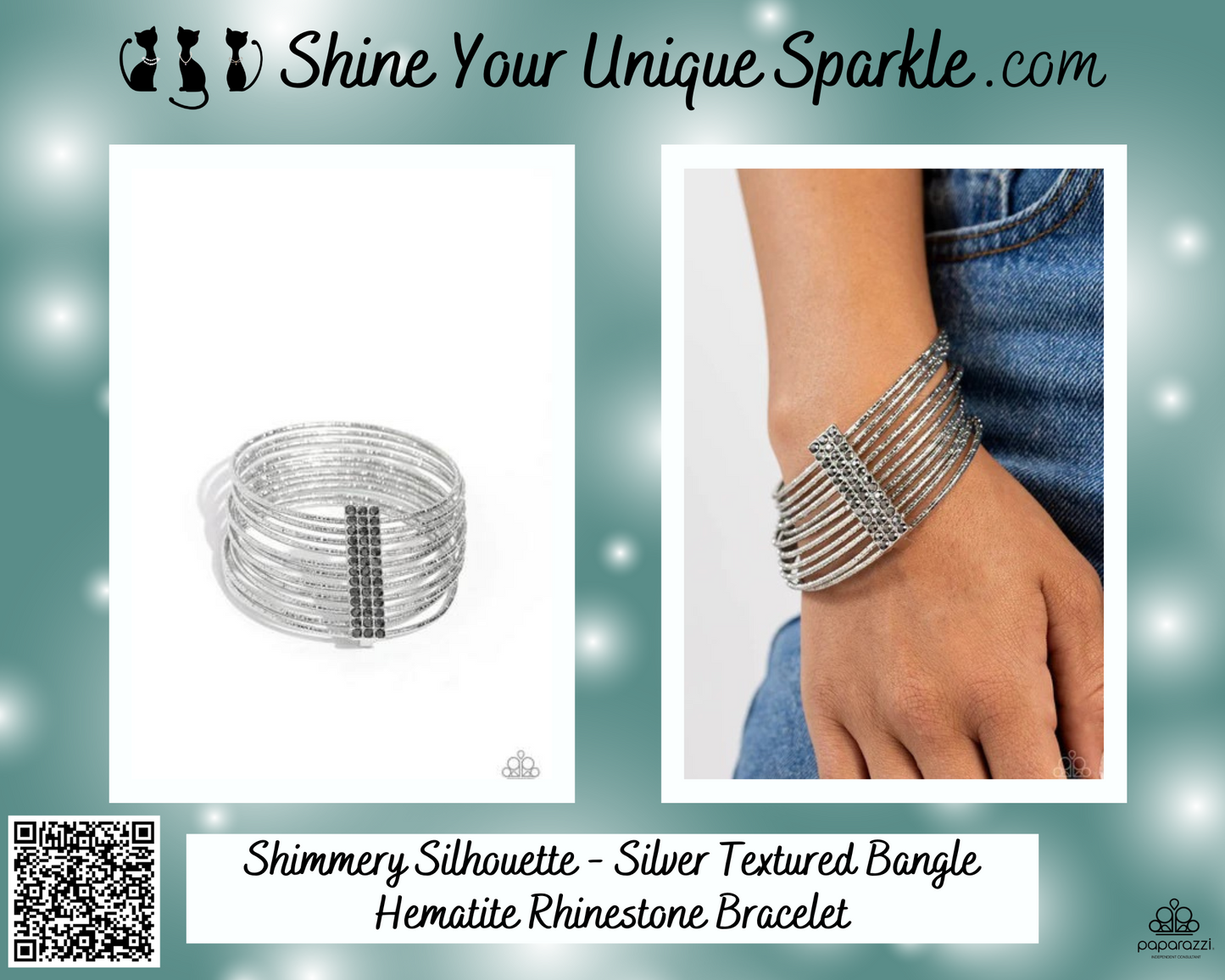 Shimmery Silhouette - Silver Textured Bangle Hematite Rhinestone Bracelet