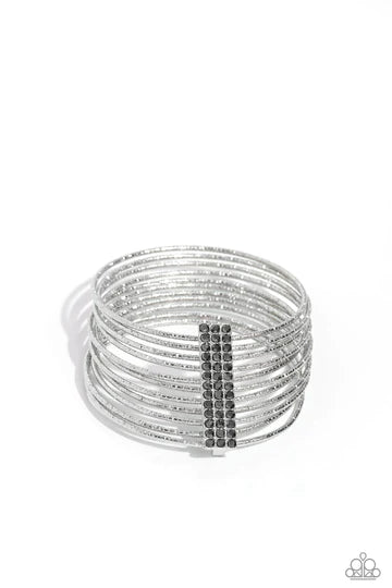Shimmery Silhouette - Silver Textured Bangle Hematite Rhinestone Bracelet