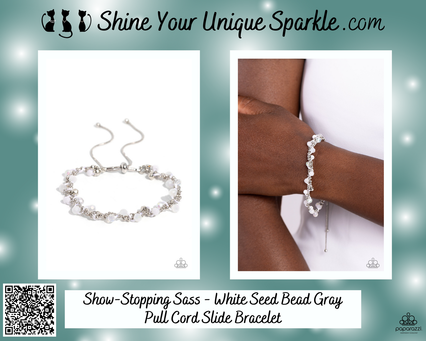 Show-Stopping Sass - White Seed Bead Gray Pull Cord Slide Bracelet