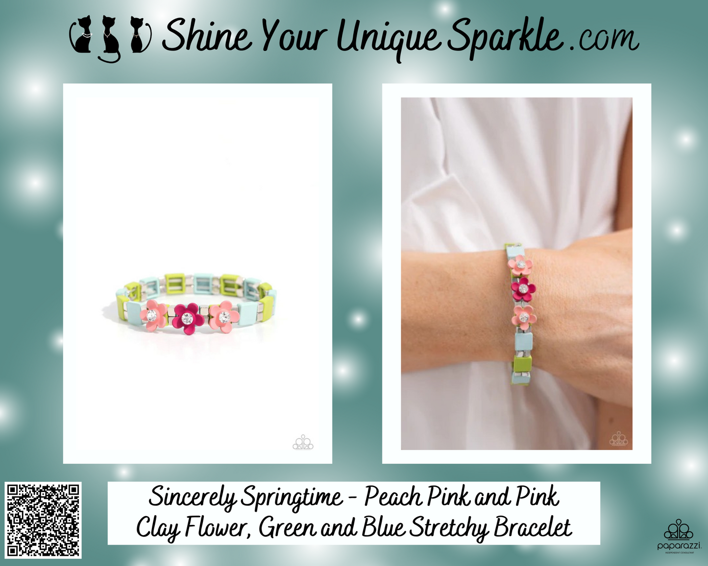 Sincerely Springtime - Peach Pink and Pink Clay Flower, Green and Blue Stretchy Bracelet