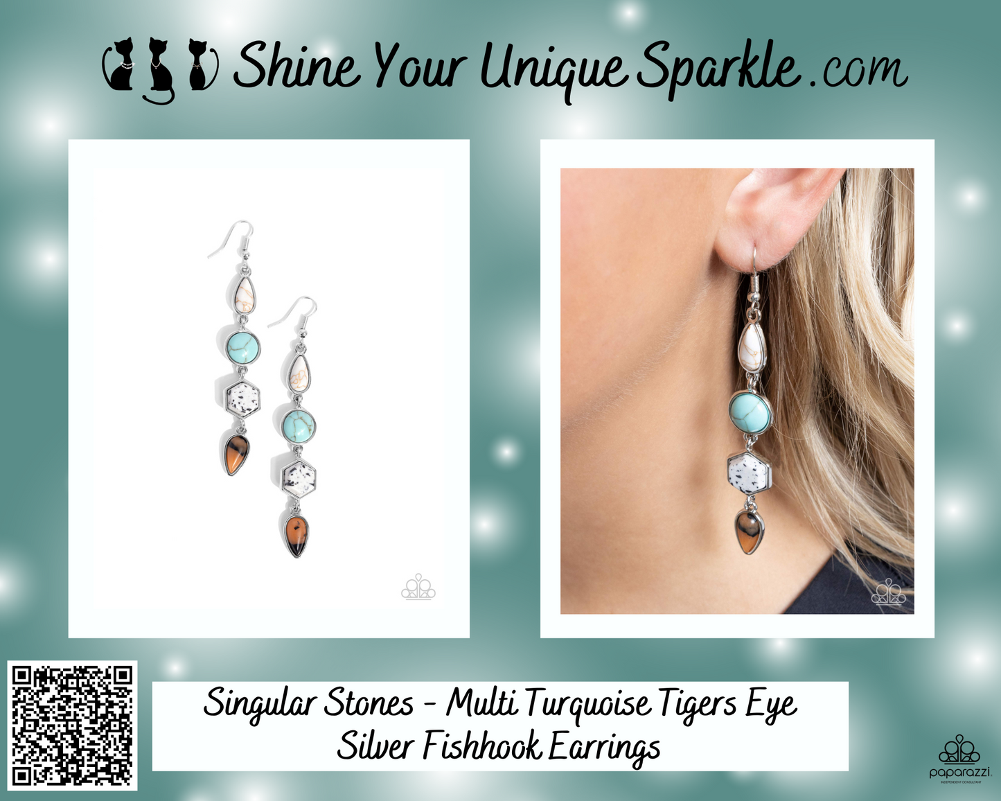 Singular Stones - Multi Turquoise Tigers Eye Silver Fishhook Earrings