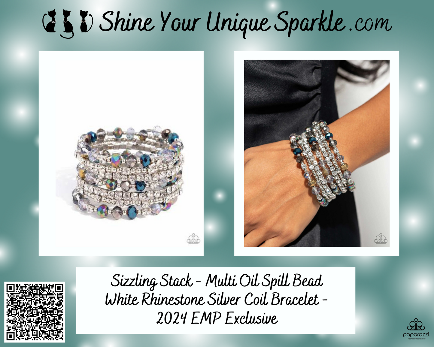 Sizzling Stack - Multi Oil Spill Bead White Rhinestone Silver Coil Bracelet - 2024 EMP Exclusive