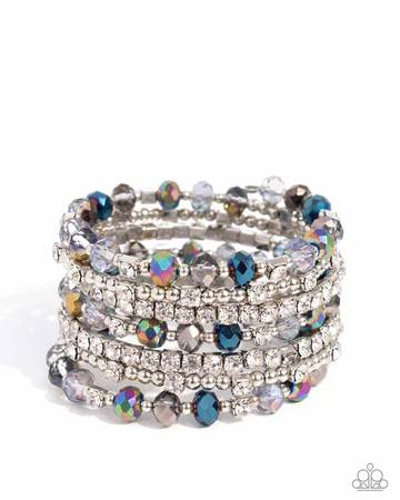 Sizzling Stack - Multi Oil Spill Bead White Rhinestone Silver Coil Bracelet - 2024 EMP Exclusive