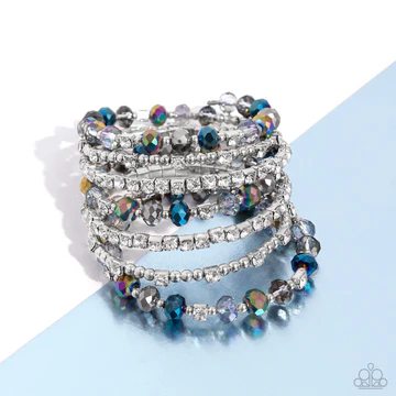 Sizzling Stack - Multi Oil Spill Bead White Rhinestone Silver Coil Bracelet - 2024 EMP Exclusive