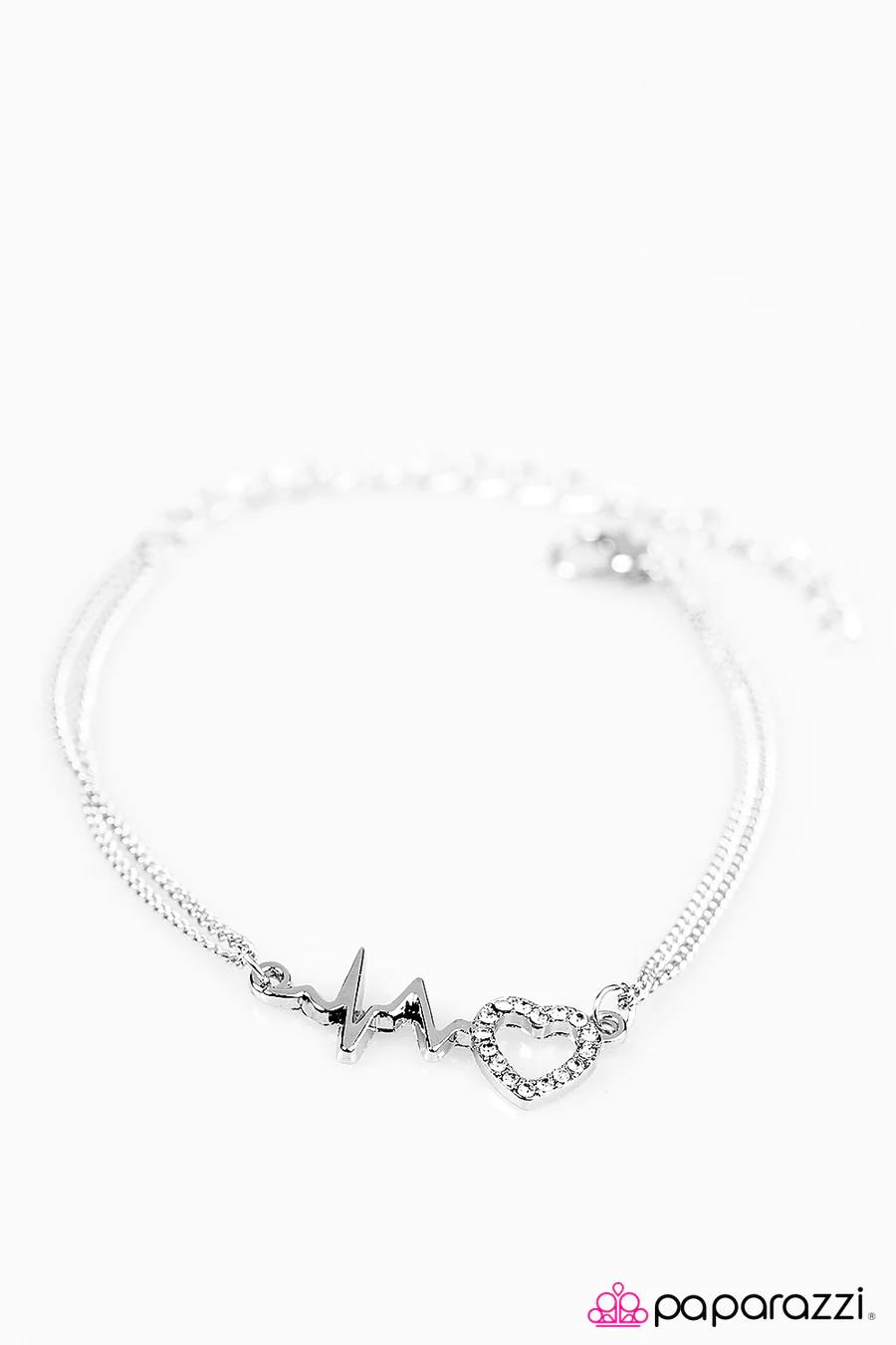 Skipping Beats - White Rhinestone Silver Heart Heartbeat Clasp Bracelet