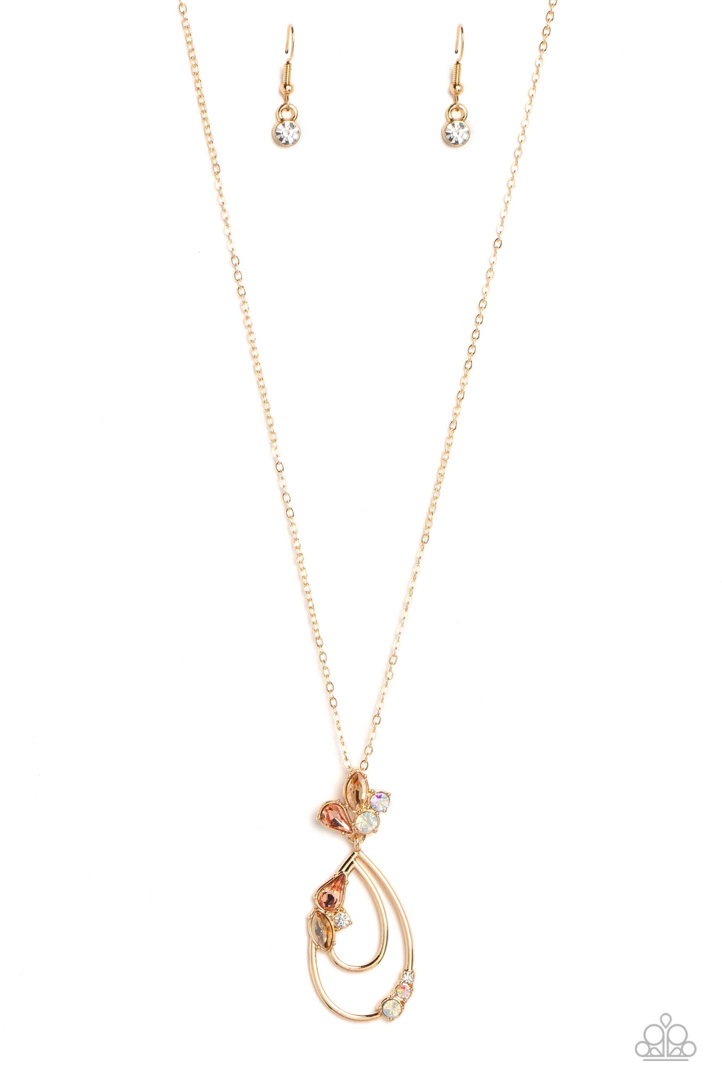 Sleek Sophistication - Gold Teardrop Iridescent Rhinestone Short Necklace