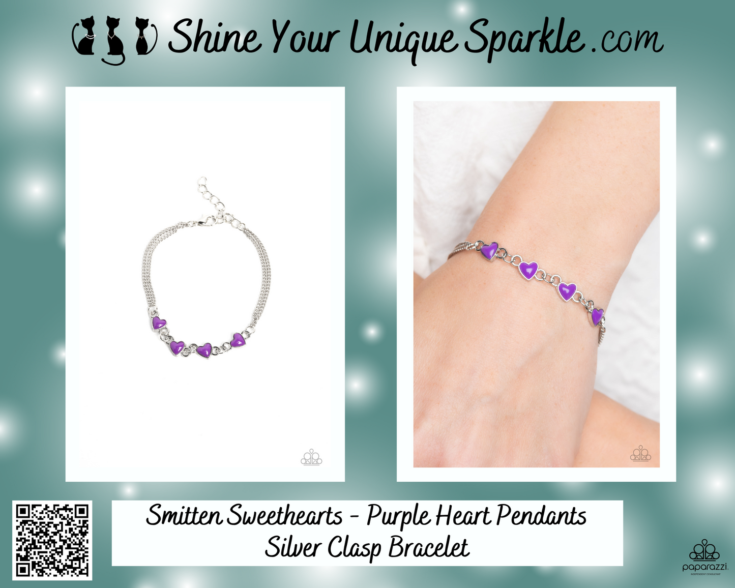 Smitten Sweethearts - Purple Heart Pendants Silver Clasp Bracelet