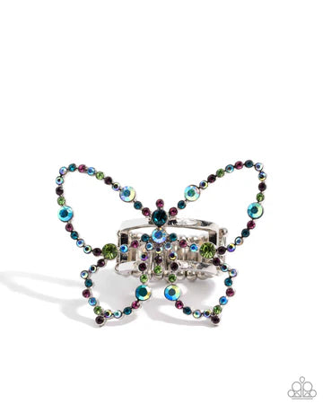 Soaring Sprinkles - Multi Color Iridescent Rhinestone Silver Butterfly Ring - Life of the Party Exclusive