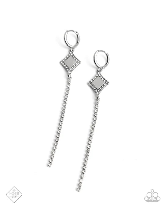 Soft-Hearted Sentiment - White Rhinestone Silver Hinge Hoop Earrings - Fashion Fix