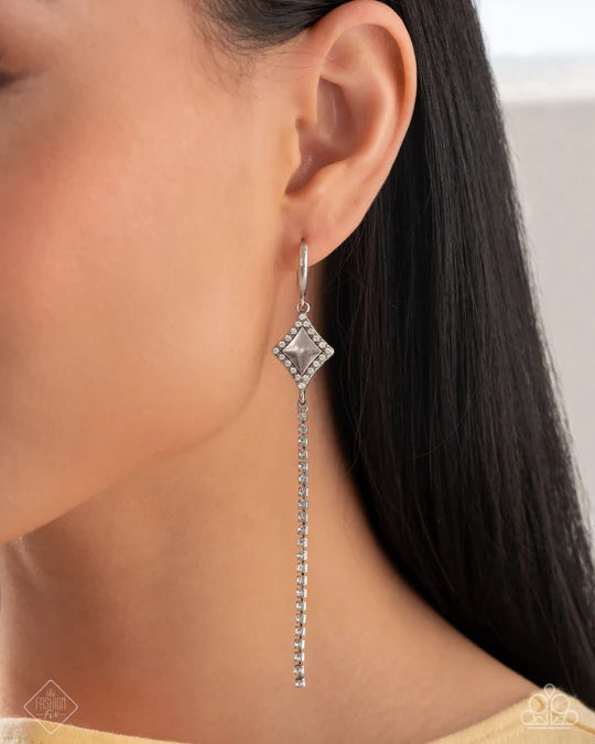 Soft-Hearted Sentiment - White Rhinestone Silver Hinge Hoop Earrings - Fashion Fix