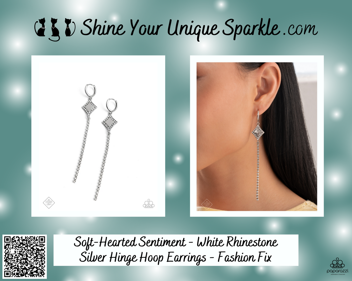 Soft-Hearted Sentiment - White Rhinestone Silver Hinge Hoop Earrings - Fashion Fix