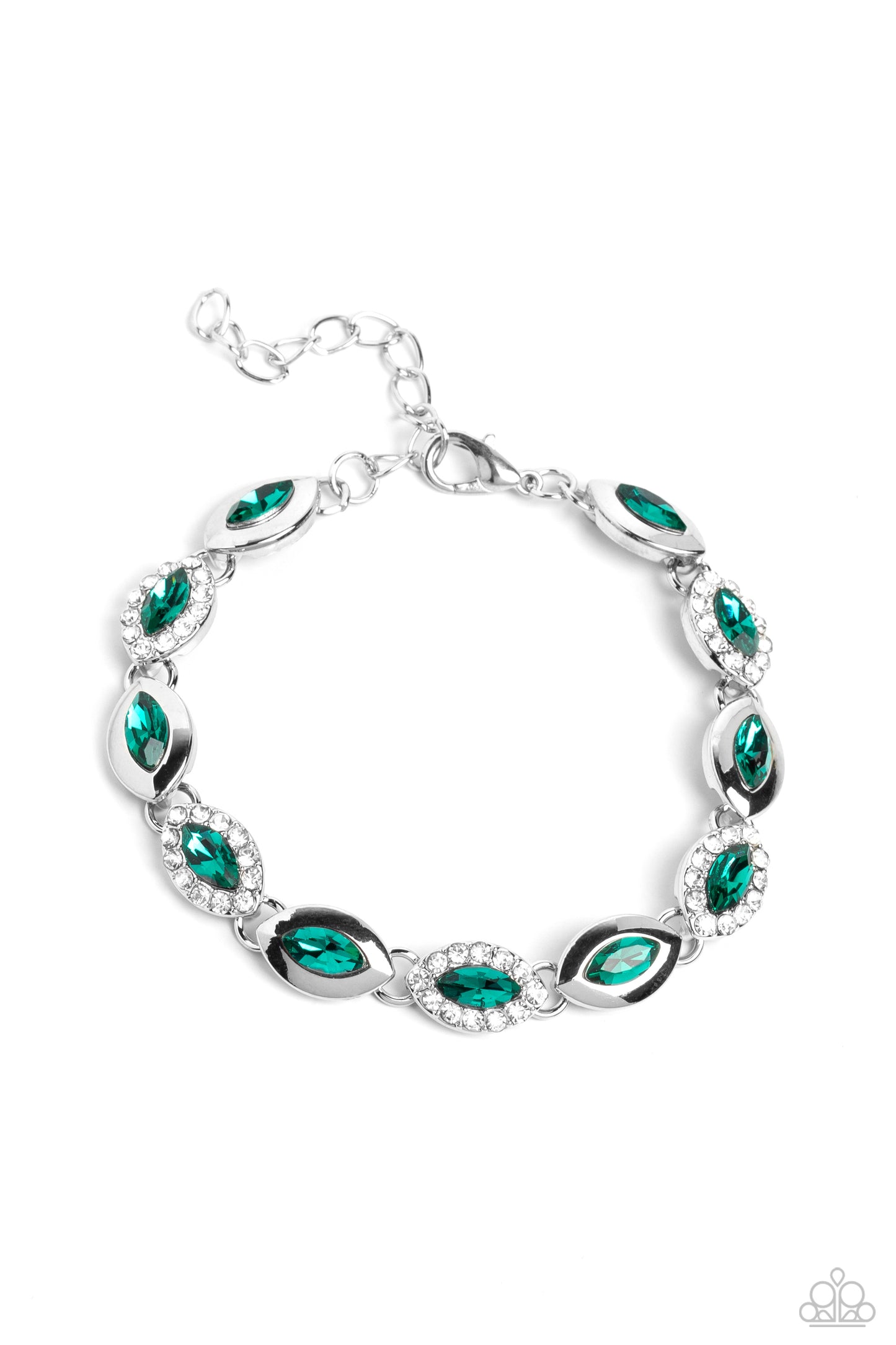 Some Serious Sparkle - Green Gems and White Rhinestone Silver Clasp Bracelet