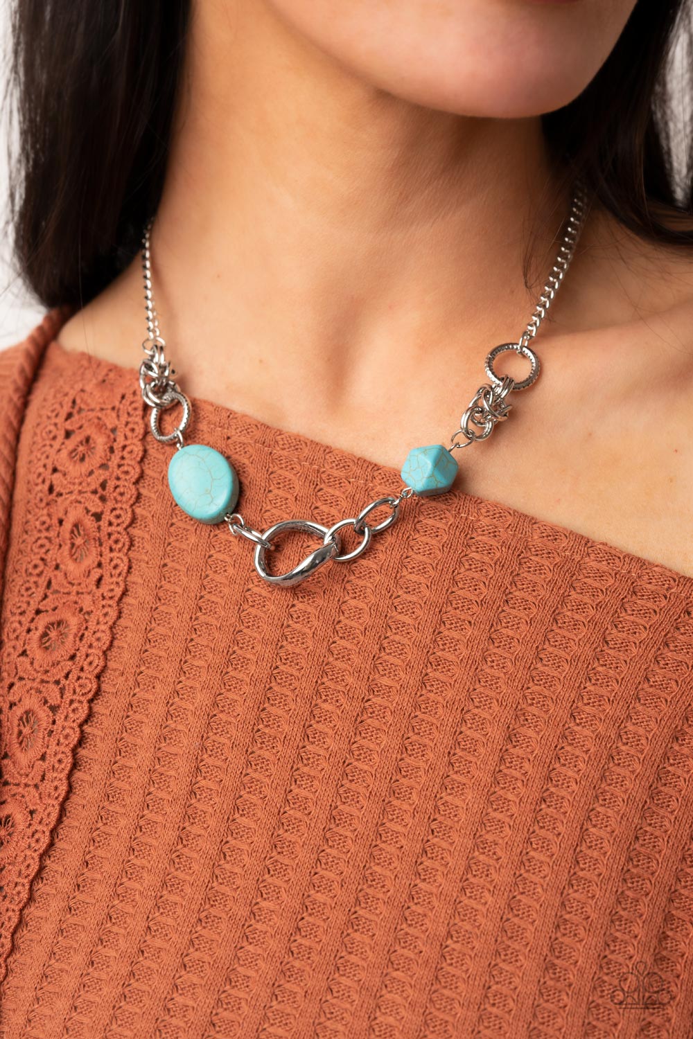 PERFECT MATCH / SET: Sonoran Solo - Blue Turquoise Crackle Bead Silver Short Necklace AND Hola, SONORA - Blue Turquoise Crackle Bead Stone Silver Clasp Bracelet