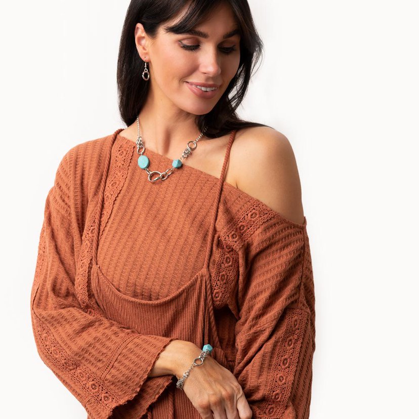 PERFECT MATCH / SET: Sonoran Solo - Blue Turquoise Crackle Bead Silver Short Necklace AND Hola, SONORA - Blue Turquoise Crackle Bead Stone Silver Clasp Bracelet