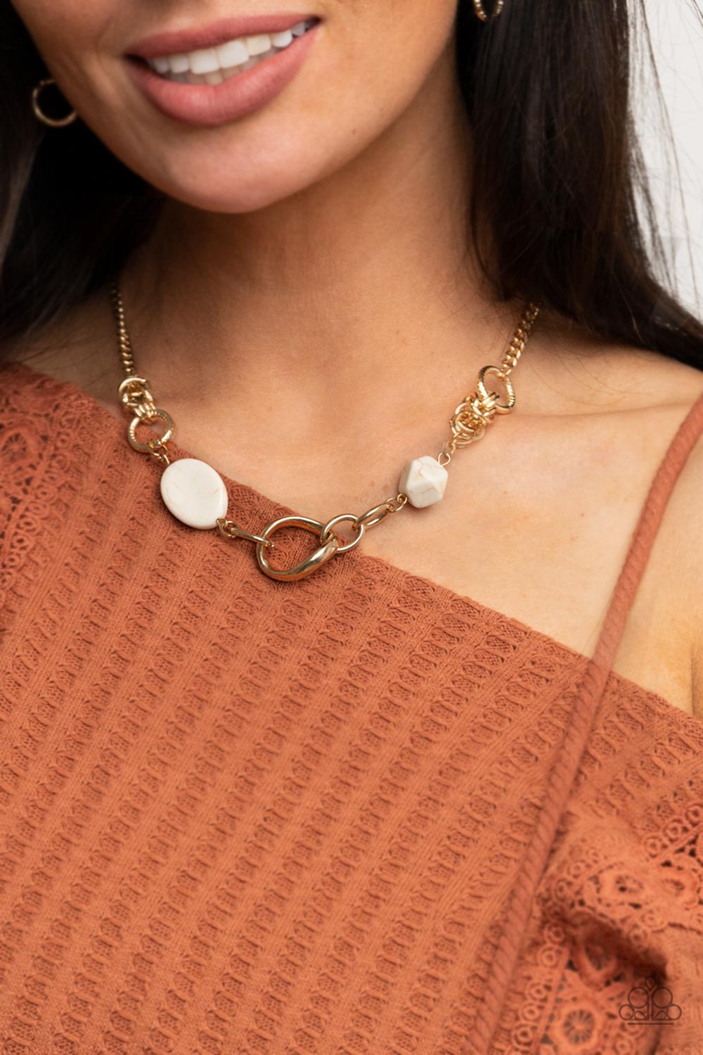 PERFECT MATCH / SET: Sonoran Solo - White Crackle Stone Bead Gold Short Necklace AND Hola, SONORA - White Crackle Stone Bead Gold Clasp Bracelet