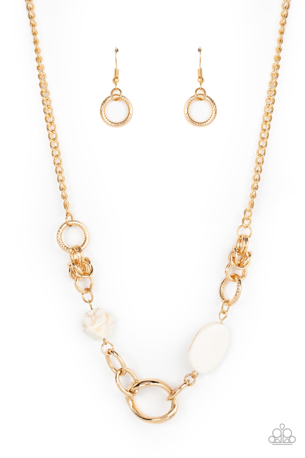 PERFECT MATCH / SET: Sonoran Solo - White Crackle Stone Bead Gold Short Necklace AND Hola, SONORA - White Crackle Stone Bead Gold Clasp Bracelet