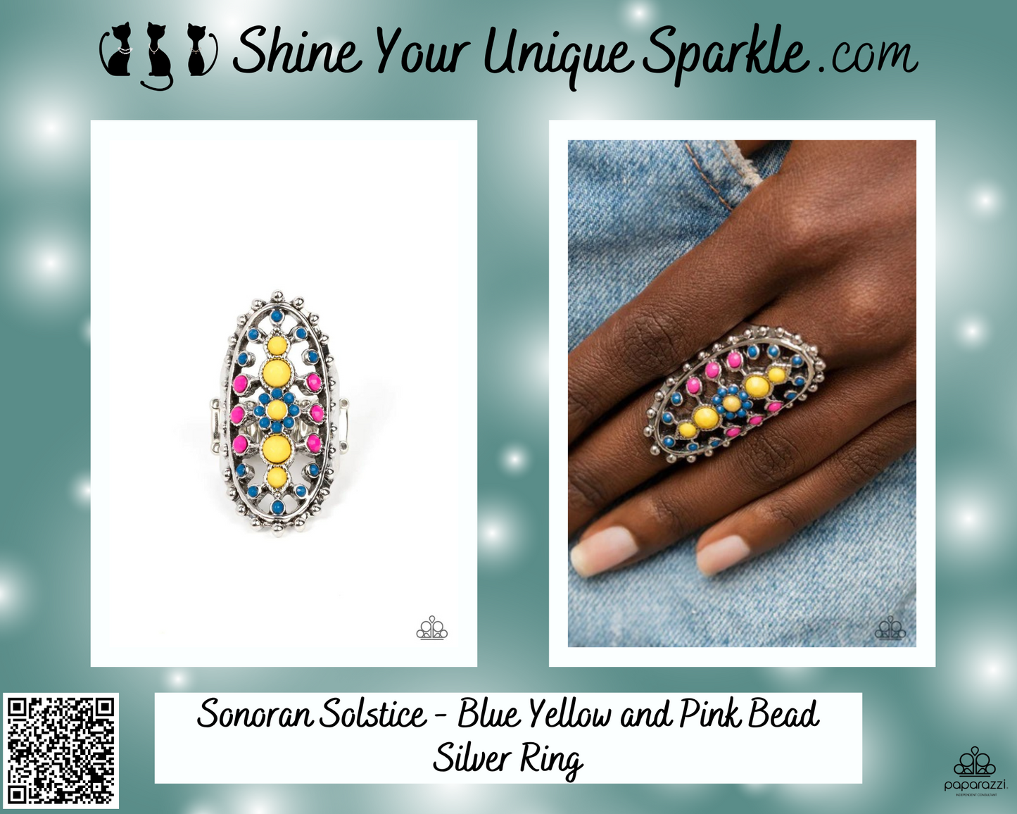 Sonoran Solstice - Blue Yellow and Pink Bead Silver Ring