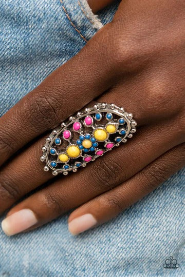 Sonoran Solstice - Blue Yellow and Pink Bead Silver Ring
