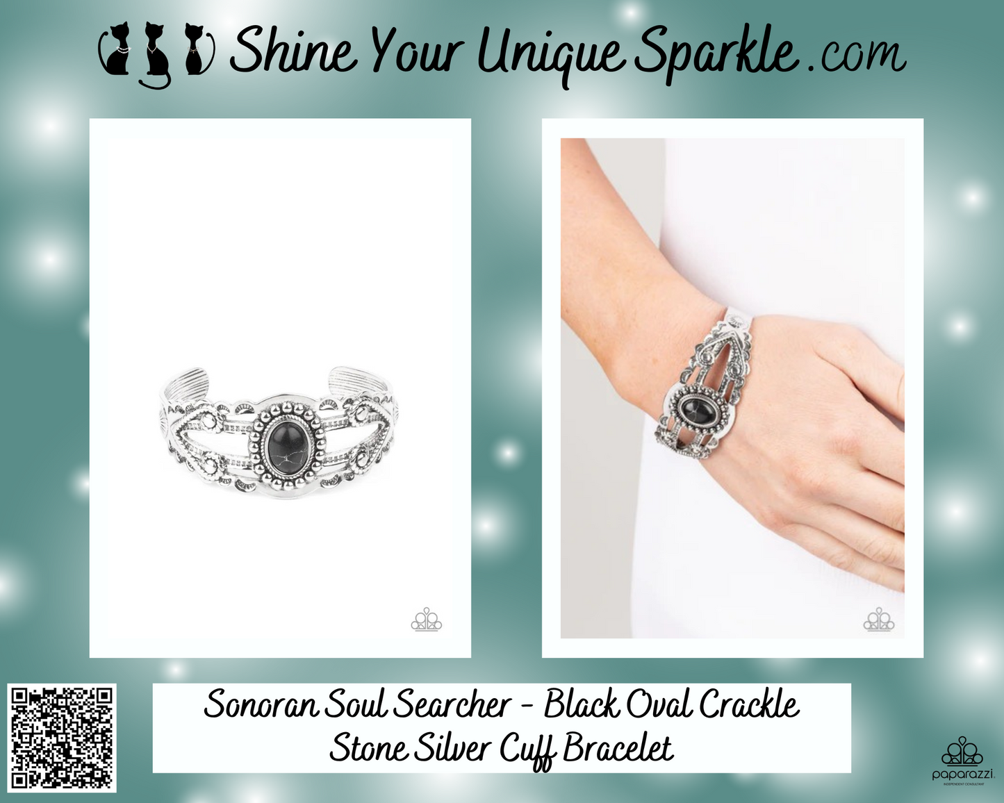 Sonoran Soul Searcher - Black Oval Crackle Stone Silver Cuff Bracelet