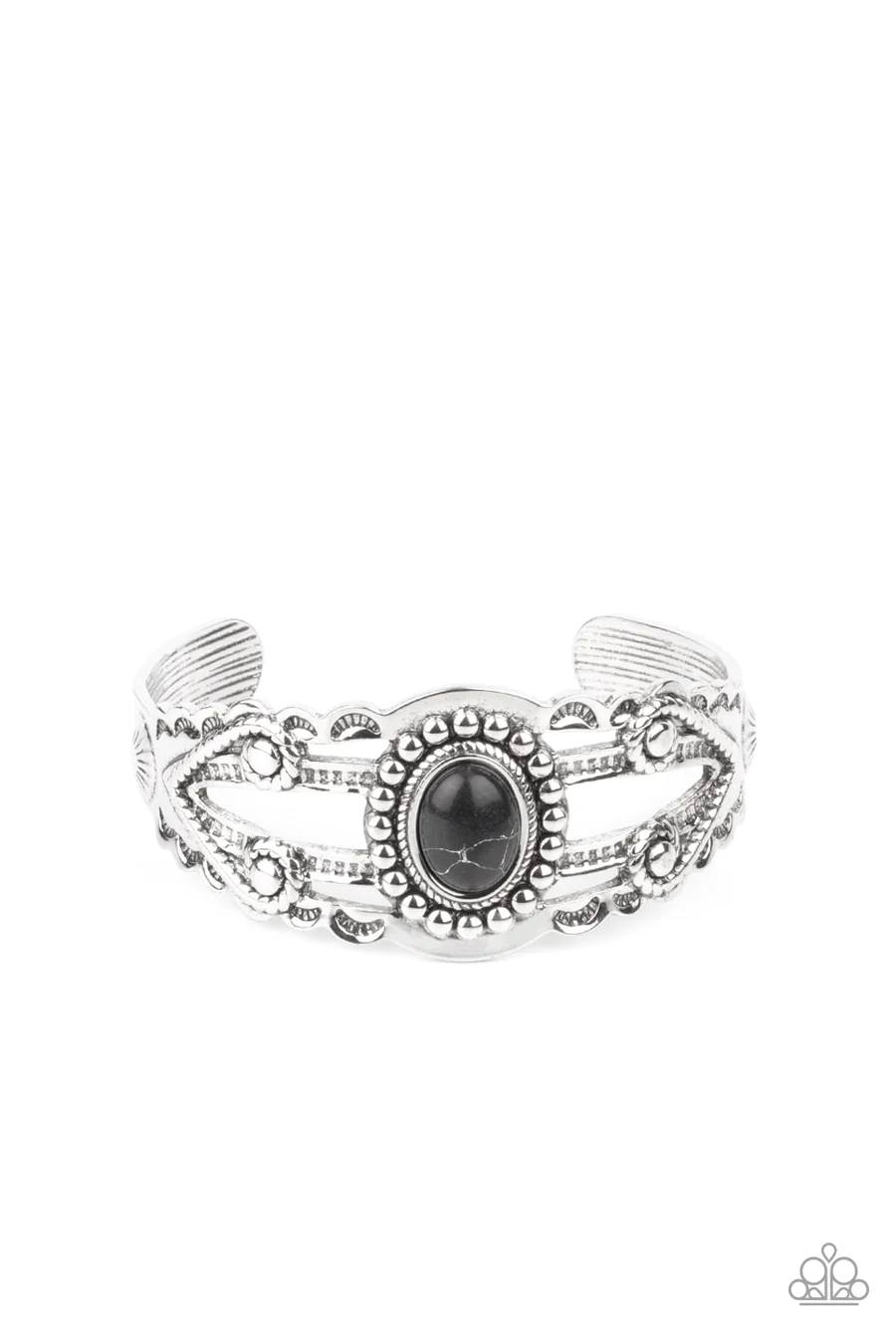 Sonoran Soul Searcher - Black Oval Crackle Stone Silver Cuff Bracelet