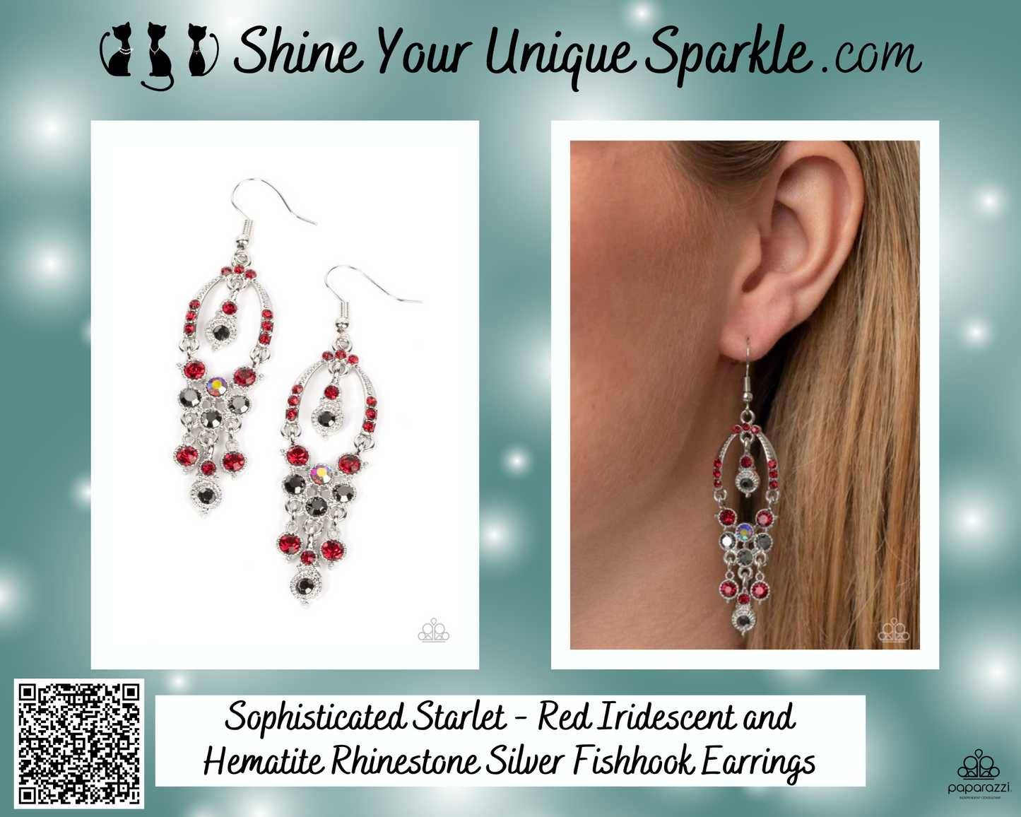 Sophisticated Starlet - Red Iridescent and Hematite Rhinestone Silver Fishhook Earrings