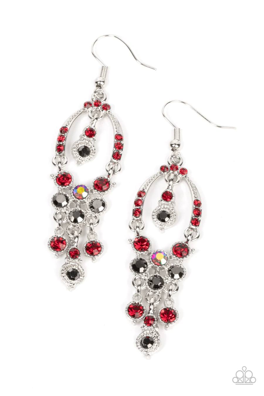 Sophisticated Starlet - Red Iridescent and Hematite Rhinestone Silver Fishhook Earrings