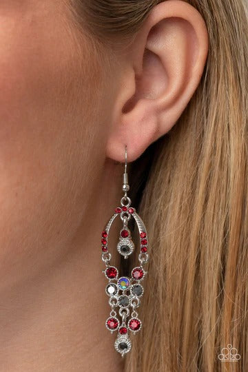 Sophisticated Starlet - Red Iridescent and Hematite Rhinestone Silver Fishhook Earrings