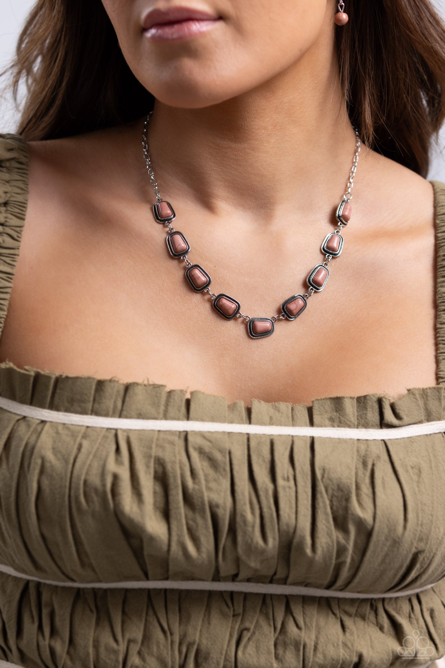 PERFECT MATCH / SET: Southern Safari - Brown Crackle Stone Silver Short Necklace AND Chasing Canyons - Brown Crackle Stone Silver Clasp Bracelet