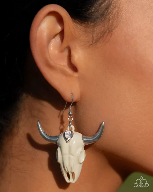 Southwestern Skull - White Bull Skull, Gem, and Silver Horns Western Fishhook Earrings - 2024 Convention Exclusive