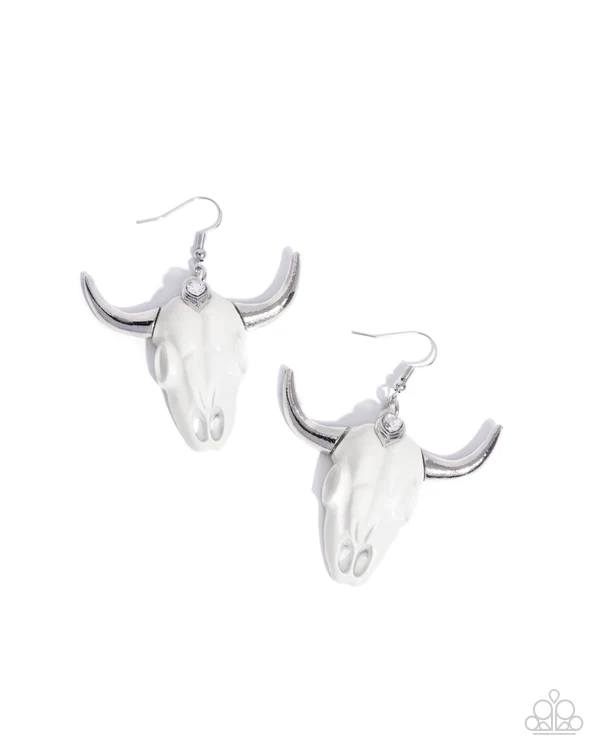 Southwestern Skull - White Bull Skull, Gem, and Silver Horns Western Fishhook Earrings - 2024 Convention Exclusive