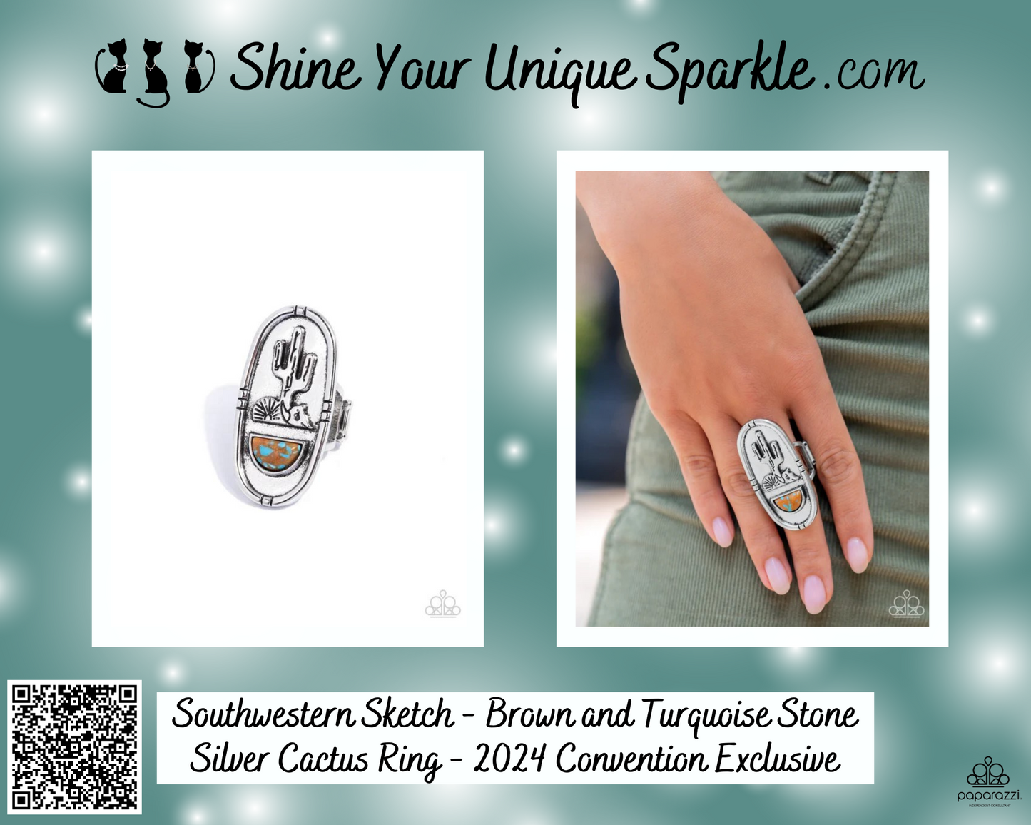 Southwestern Sketch - Brown and Turquoise Stone Silver Cactus Ring - 2024 Convention Exclusive