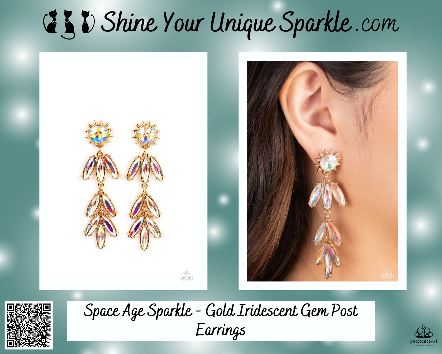 Space Age Sparkle - Gold Iridescent Gem Post Earrings