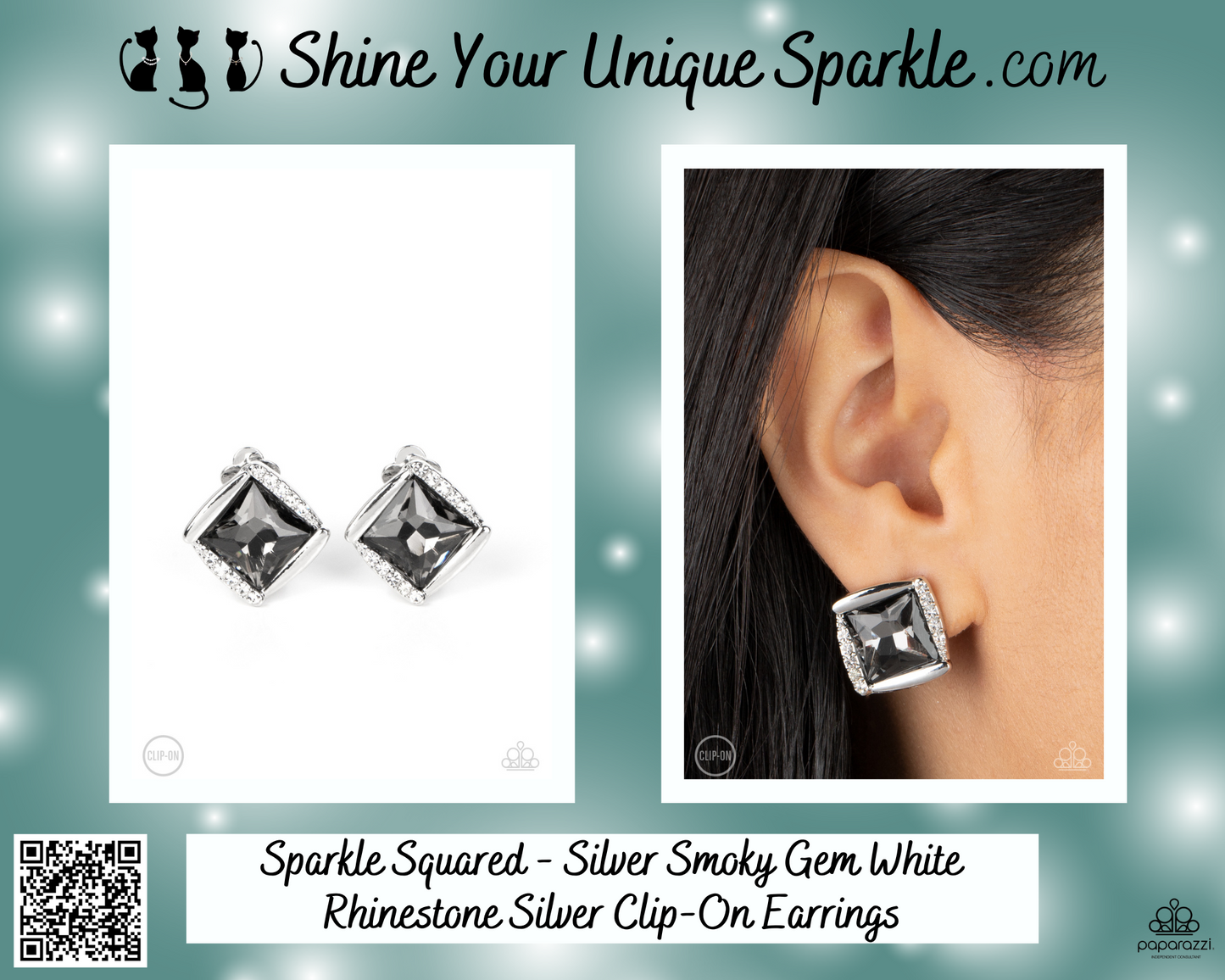 Sparkle Squared - Silver Smoky Gem White Rhinestone Silver Clip-On Earrings