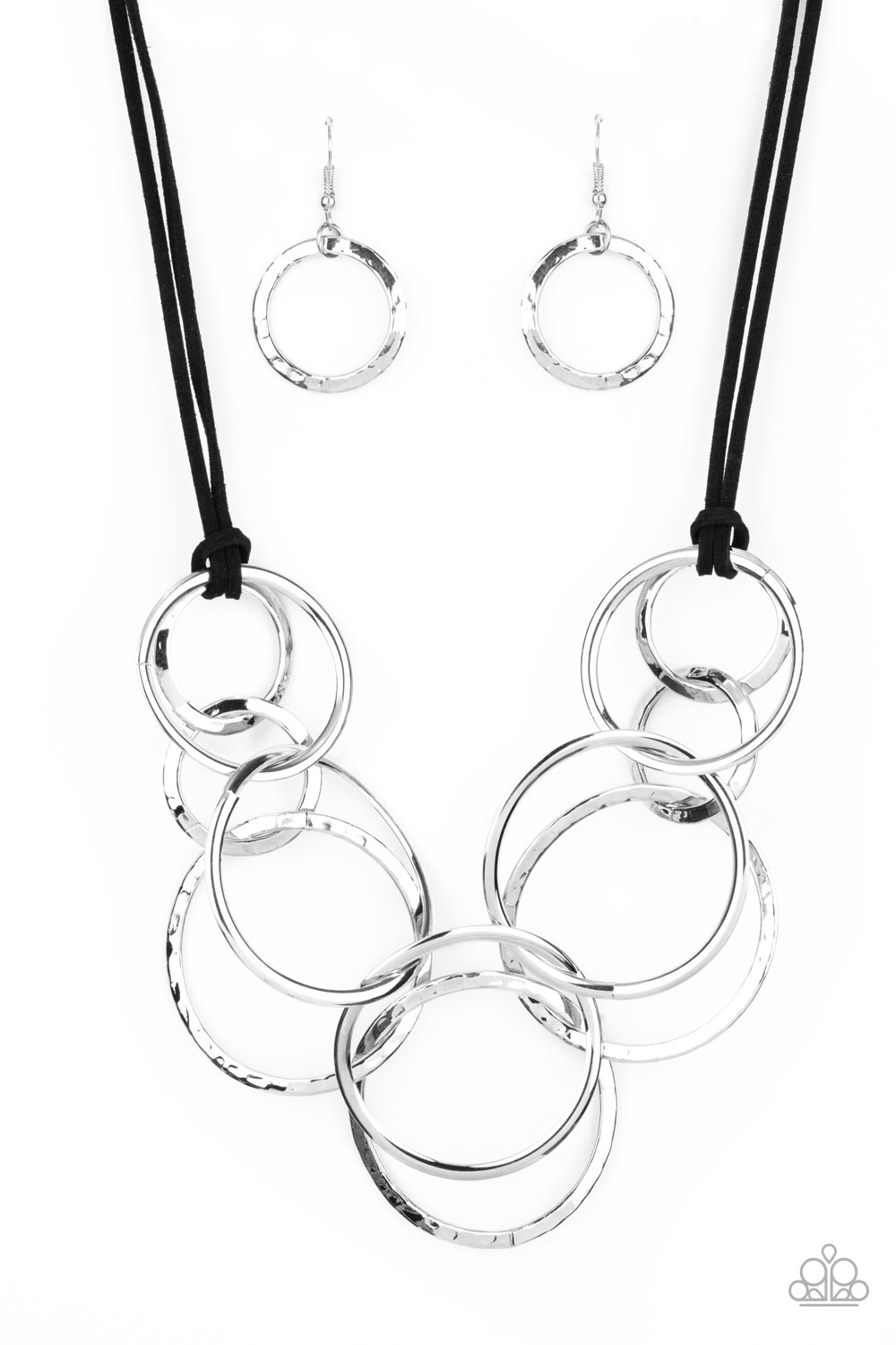 Spiraling Out of COUTURE - Silver Circle Black Cord Short Necklace