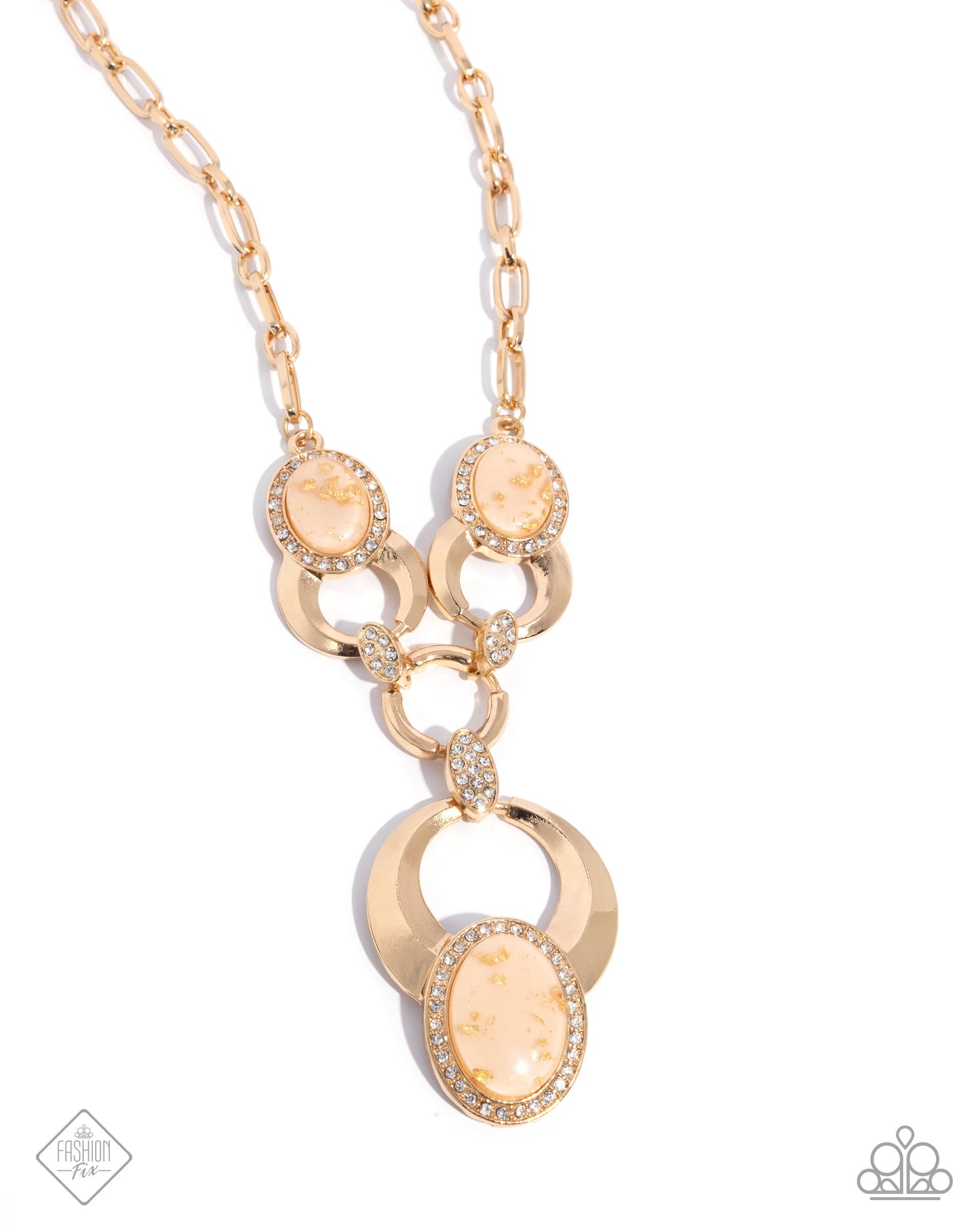 PERFECT MATCH / SET: Spirited Softness - Gold Oval White Rhinestone Short Necklace AND Feminine Flecks - Gold White Rhinestone Stretchy Bracelet - Fashion Fix