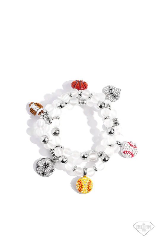 Sports Fan - Rhinestone-Sports Balls, White Beads, Stretchy Bracelet Set - Empire Diamond Exclusive
