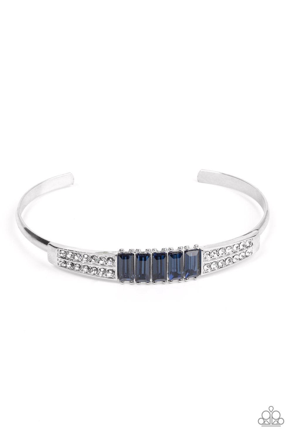 Spritzy Sparkle - Blue and White Rhinestone Silver Cuff Bracelet