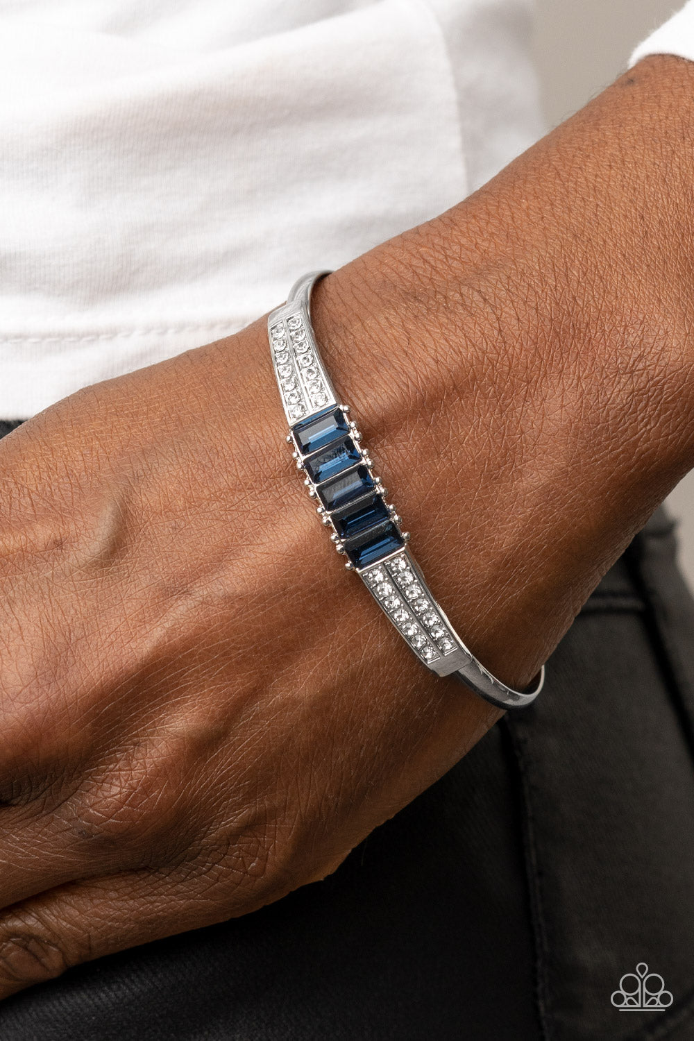 Spritzy Sparkle - Blue and White Rhinestone Silver Cuff Bracelet