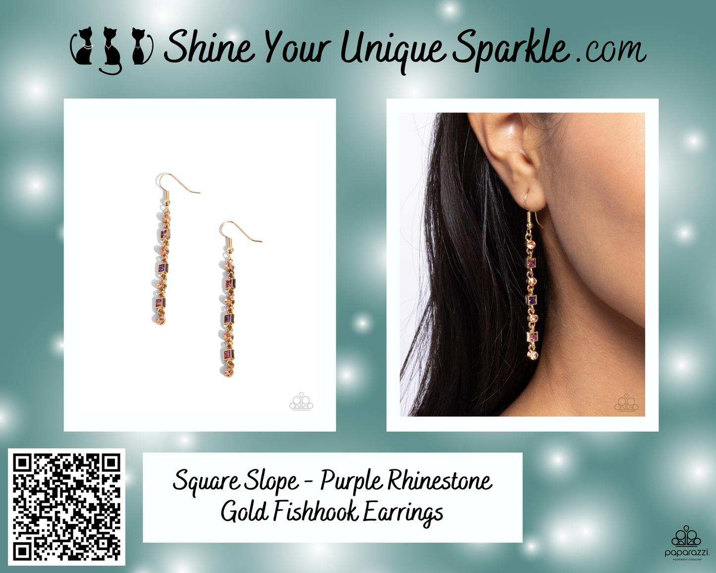 Square Slope - Purple Rhinestone Gold Fishhook Earrings