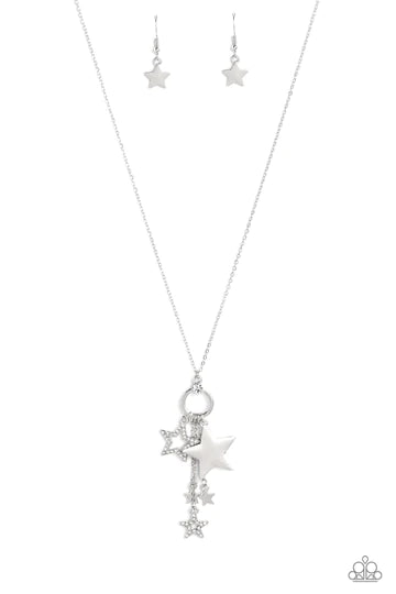 Starry Statutes - White Rhinestone Silver Star Cluster Long Necklace