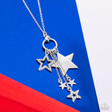 Starry Statutes - White Rhinestone Silver Star Cluster Long Necklace