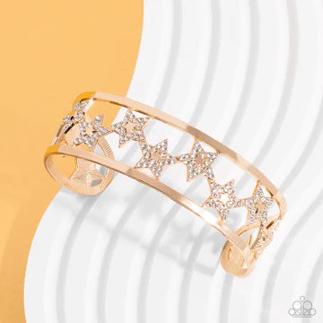 Starry Suffragette - Gold with White Rhinestone Stars Silver Cuff Bracelet