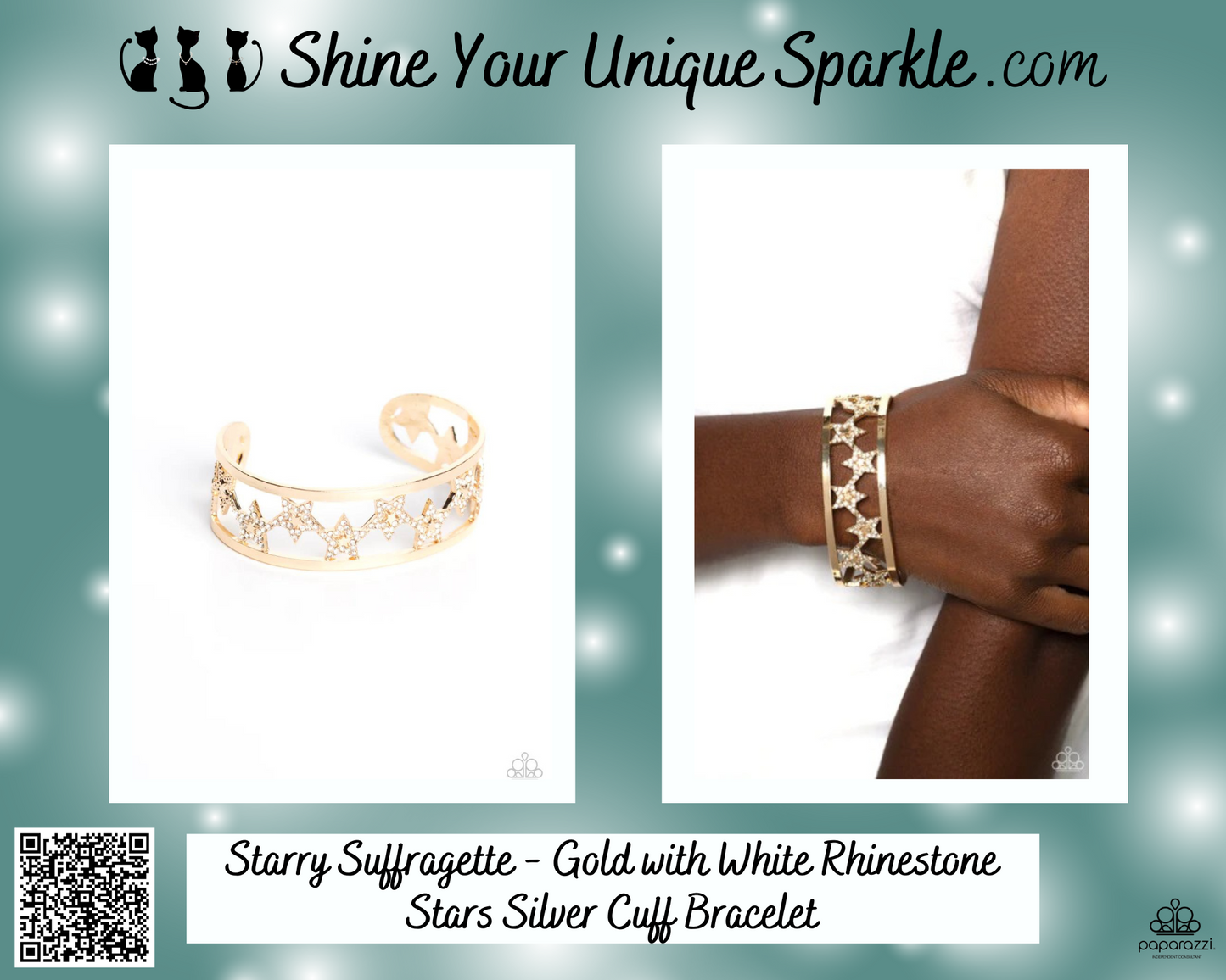 Starry Suffragette - Gold with White Rhinestone Stars Silver Cuff Bracelet