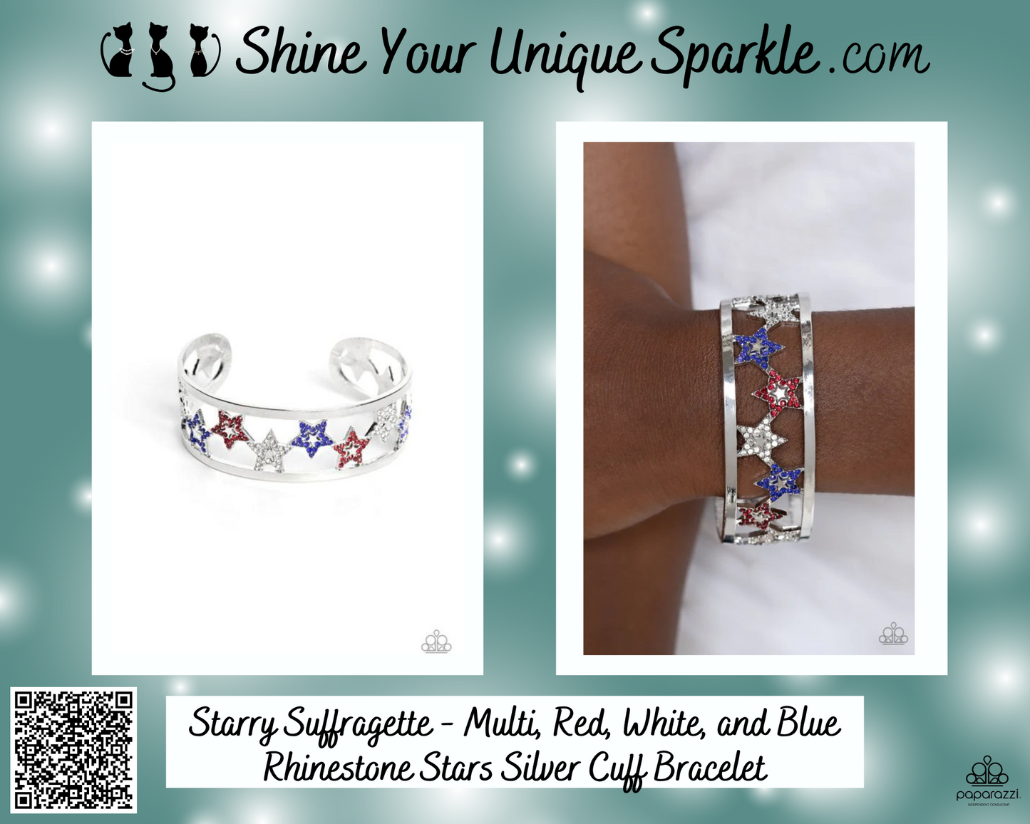 Starry Suffragette - Multi, Red, White, and Blue Rhinestone Stars Silver Cuff Bracelet
